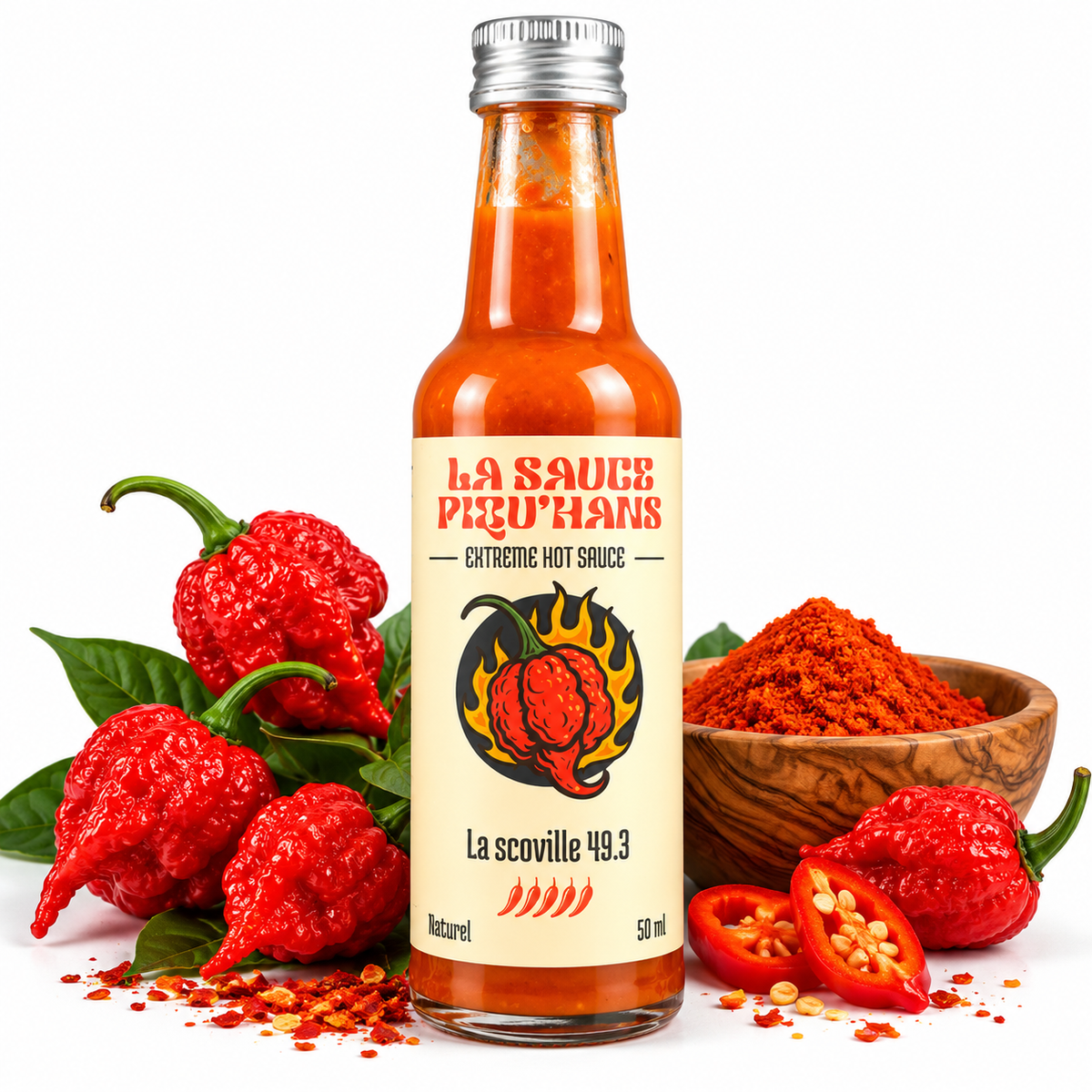 La Sauce Piqu’Hans La Scoville 49.3 – Sauce Piquante Extrême au Carolina Reaper – Force 5/5 – 50 ml