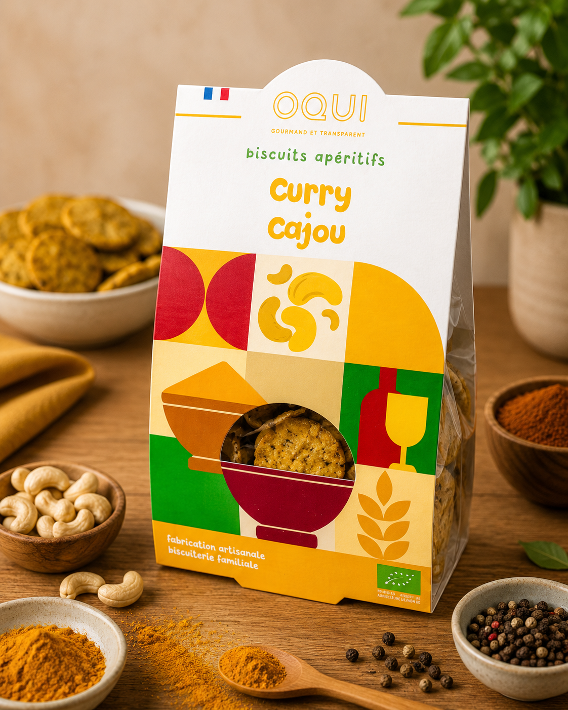Biscuits Apéritifs Bio Curry & Noix de Cajou – OQUI – 110 g