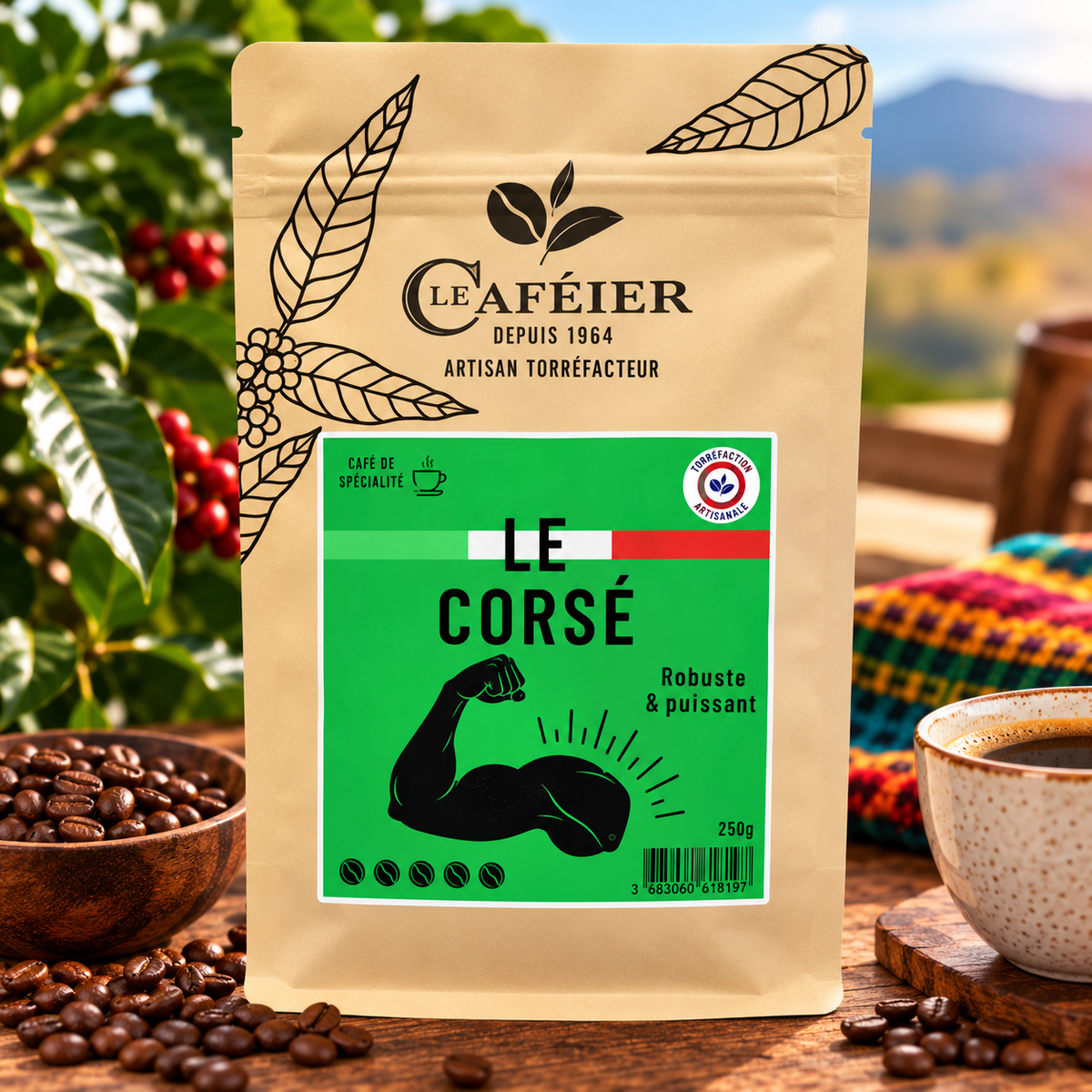 Café en Grains Le Corsé – Assemblage Arabica & Robusta – Torréfié en France – Le Caféier