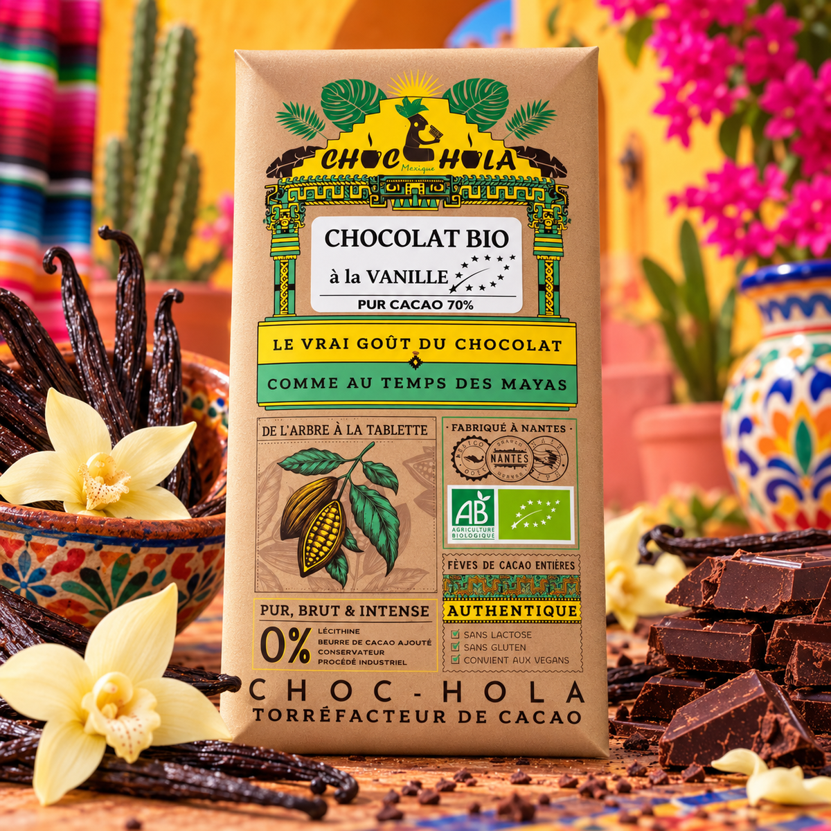 Chocolat Bio 70 % à la Vanille – CHOC-HOLA – Fabriqué à Nantes – 100 g