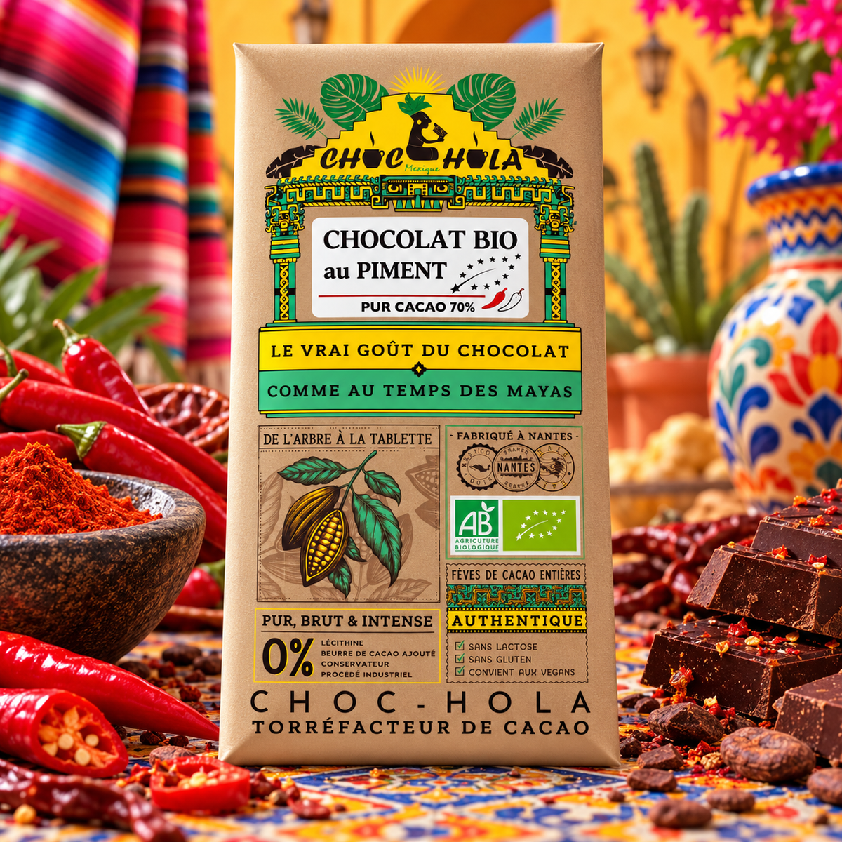 Chocolat Bio 70 % au piment mexicain – CHOC-HOLA – Fabriqué à Nantes – 100 g
