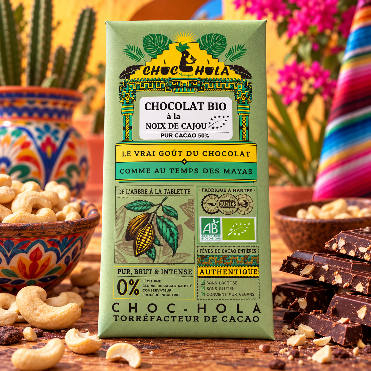 Chocolat Bio 50 % à la Noix de Cajou – CHOC-HOLA – Fabriqué à Nantes – 100 g