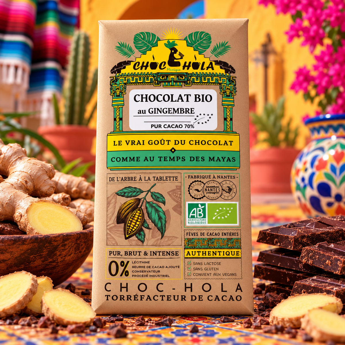 Chocolat Bio 70 % au gingembre – CHOC-HOLA – Fabriqué à Nantes – 100 g