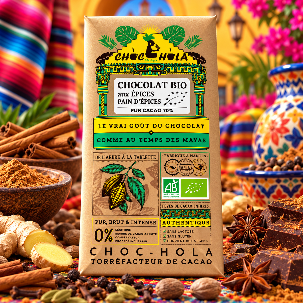 Chocolat Bio 70 % Mélange d'épices pour Pain d'épices – CHOC-HOLA – Fabriqué à Nantes – 100 g