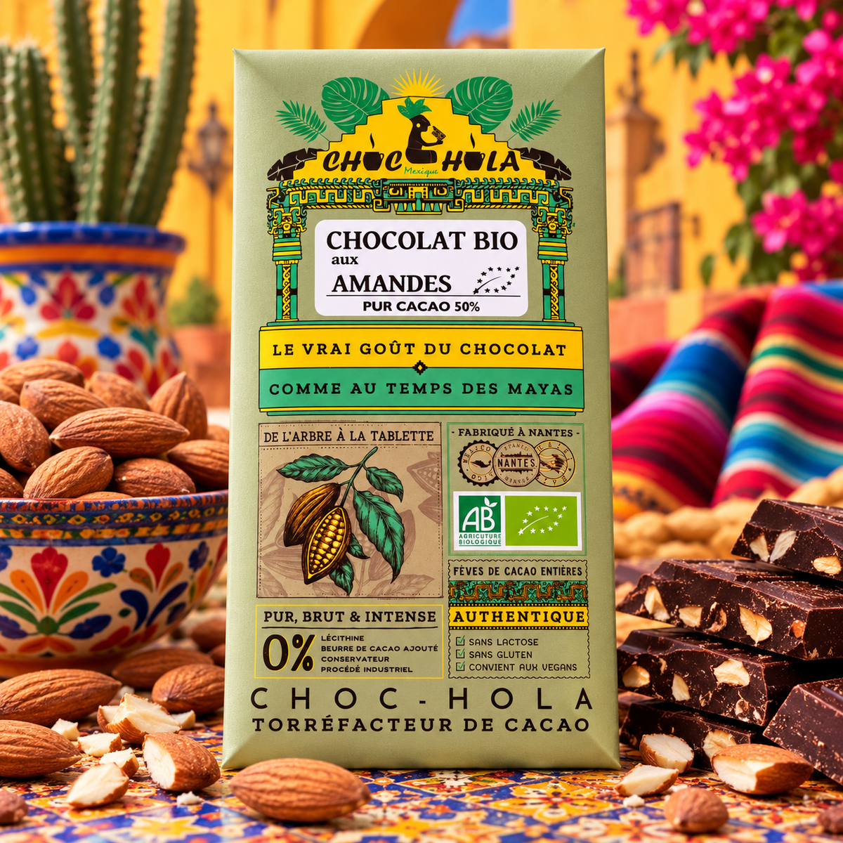 Chocolat Bio 50 % aux amandes – CHOC-HOLA – Fabriqué à Nantes – 100 g