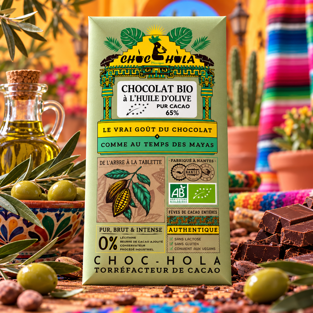 Chocolat Bio 65 % à l'huile d'olive – CHOC-HOLA – Fabriqué à Nantes – 100 g