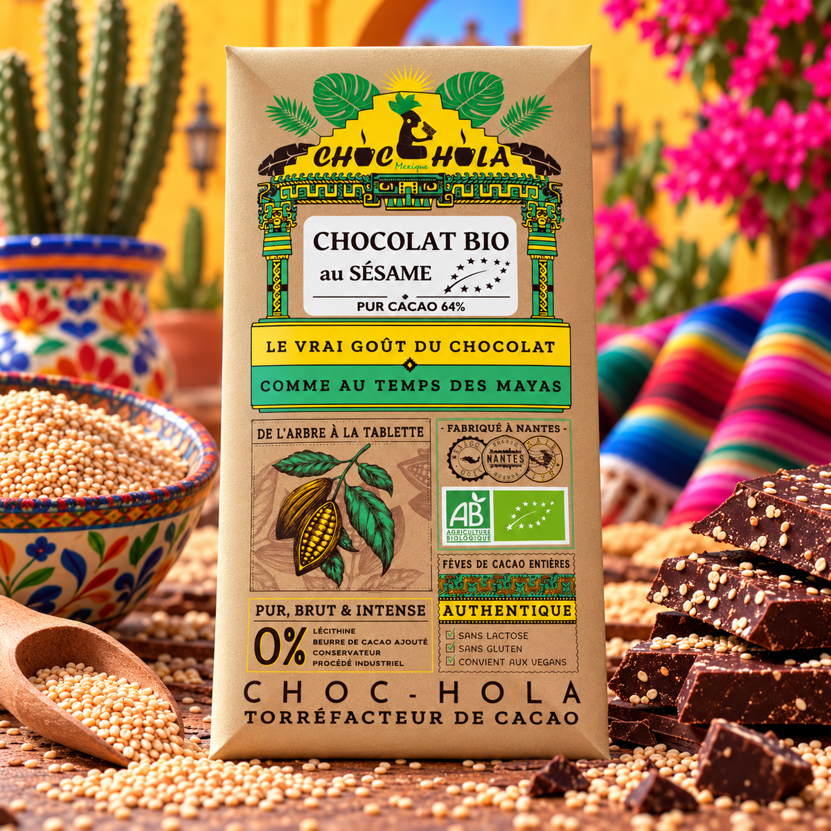 Chocolat Bio 64 % au sésame – CHOC-HOLA – Fabriqué à Nantes – 100 g