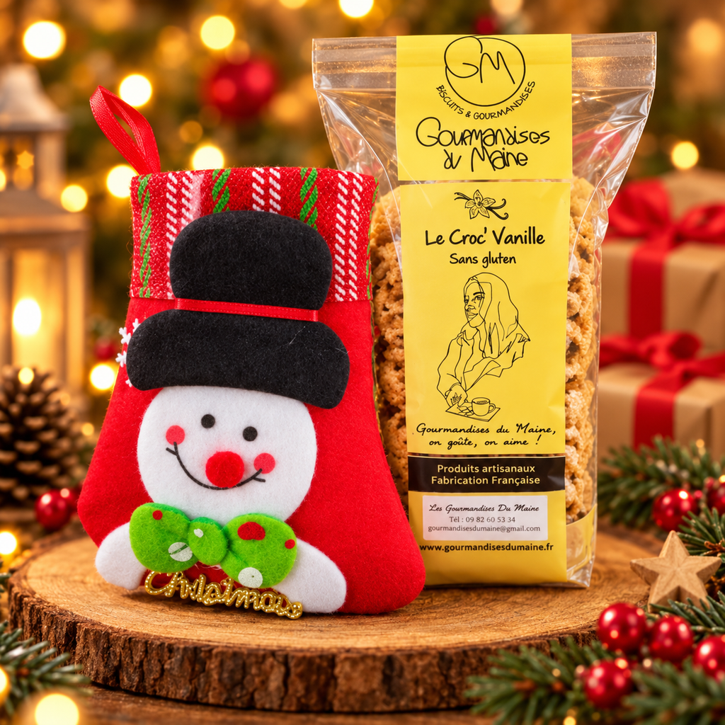 Coffret Gourmand de Noël « Le Bonhomme de Neige » – Chaussette à Suspendre au Sapin avec Biscuits Croc’ Vanille Sans Gluten 100 g