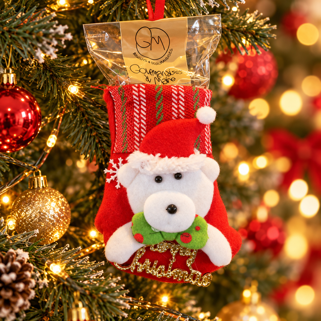 Coffret Gourmand de Noël « L’Ourson de Noël » – Chaussette Décorative à Suspendre au Sapin avec Biscuits Artisanaux Croc’ Café Sans Gluten