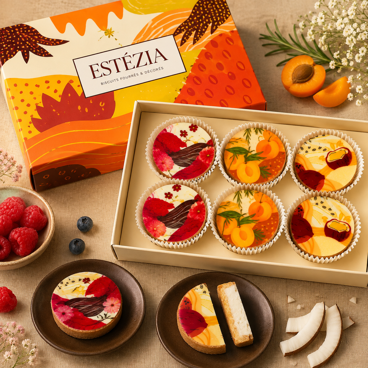 Coffret Fruité Estézia – 12 Tartelettes Artisanales Framboise, Abricot & Coco