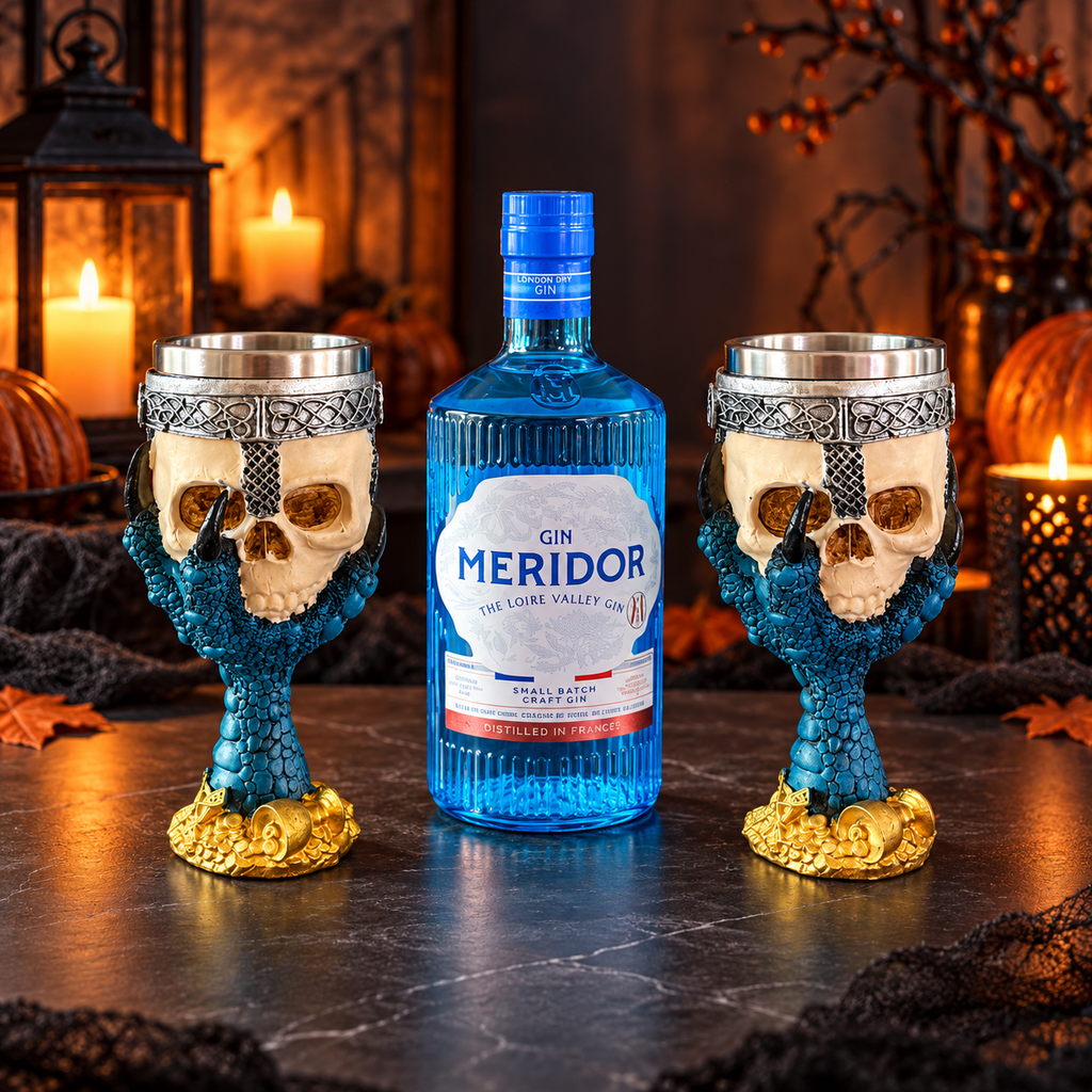 Coffret Halloween « Le Rituel des Ténèbres » – Gin Méridor & 2 Calices Têtes de Mort