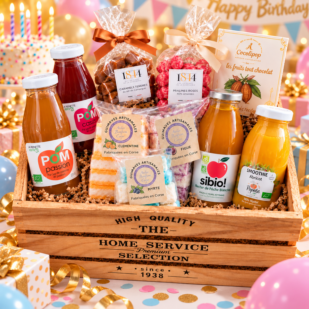 Coffret Anniversaire Sans Alcool « La Boîte à Bonheurs » – 10 Douceurs et Boissons Artisanales dans une Caisse en Bois