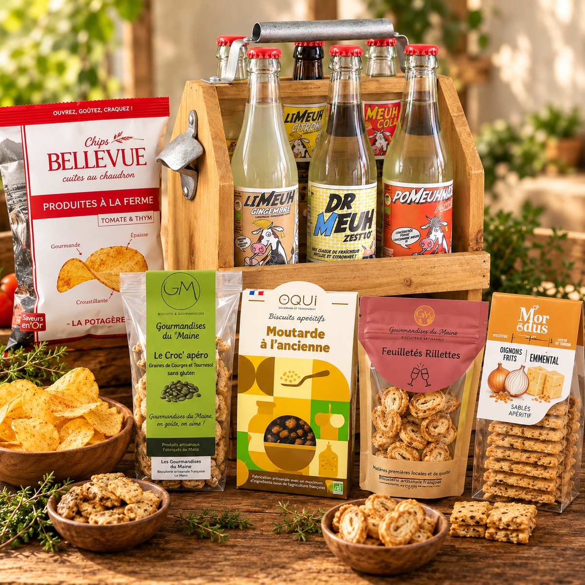 Coffret Apéritif Sans Alcool « La Tournée des Gourmands » – 6 Sodas Artisanaux, 5 Spécialités Salées et Porte-Bouteilles en Bois