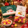 Coffret Gourmand de Noël « Le Bonhomme de Neige » – Soufflés Bio Framboise Mangue Cocoripop et Boîte Métallique Réutilisable