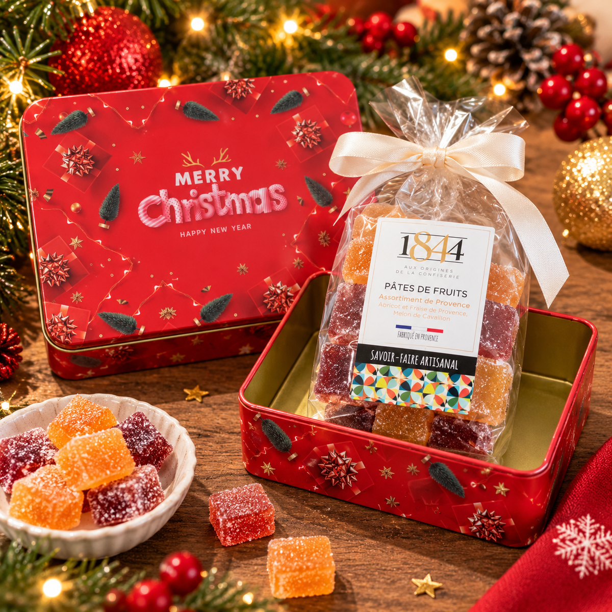 Coffret Gourmand de Noël « Les Délices de Provence » – Pâtes de Fruits Artisanales Confiserie 1844 et Boîte Métallique Rouge