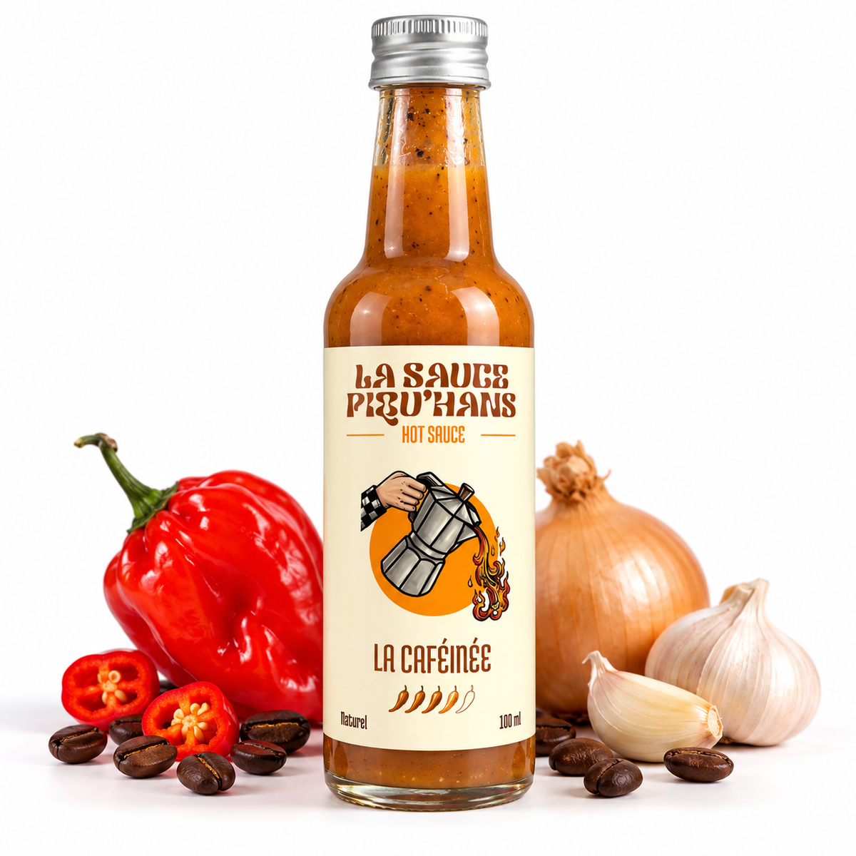 La Sauce Piqu’Hans La Caféinée – Sauce Piquante Artisanale au Piment Habanero Rouge et Café Arabica – Force 4/5 – 100 ml