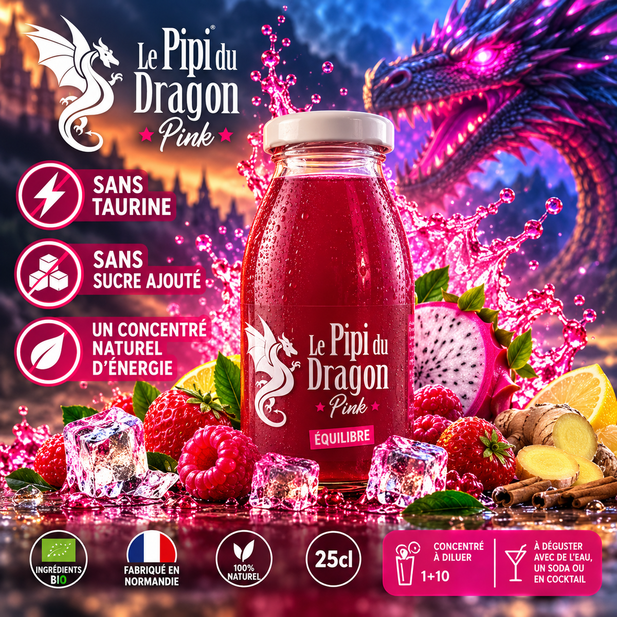 Le Pipi du Dragon Pink BIO – Concentré naturel d’énergie sans taurine et sans sucre ajouté – 25 cl