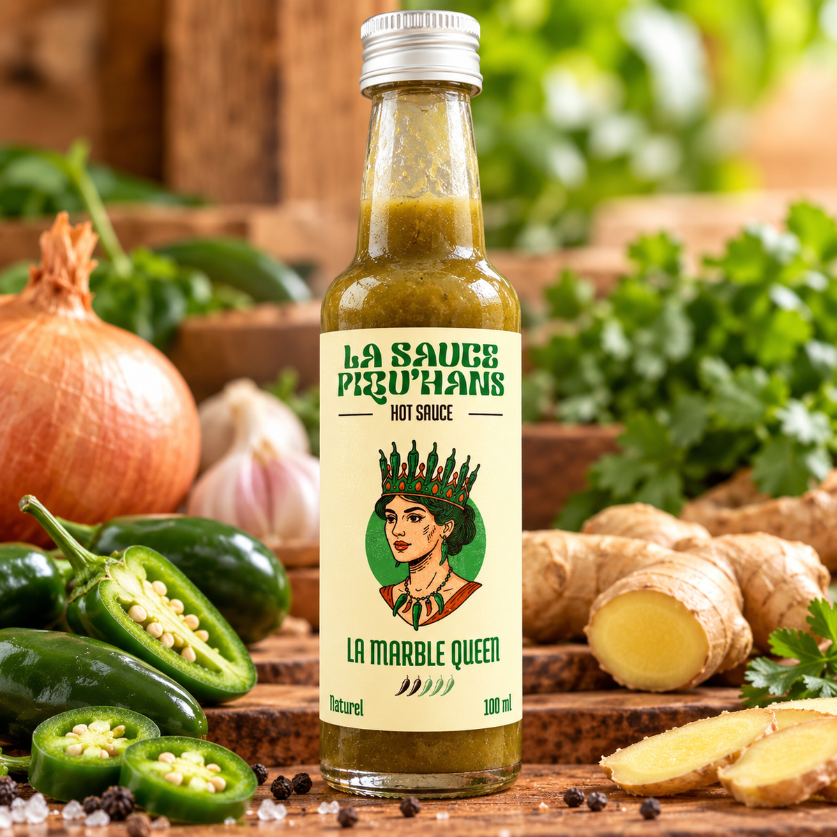 Sauce piquante La Marble Queen – Jalapeño vert, ail et gingembre – La Sauce Piqu’Hans – 100 ml