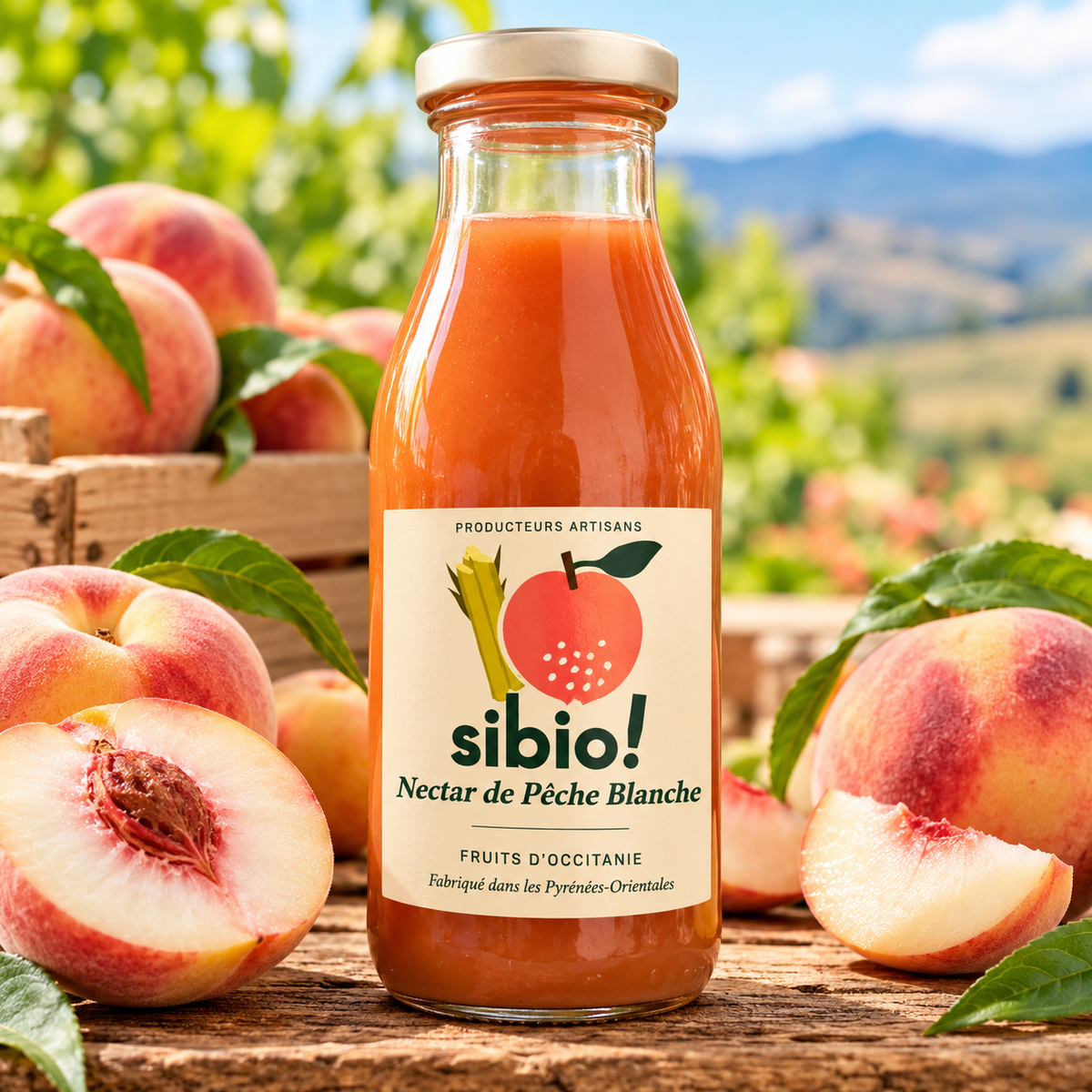 Nectar de Pêche Blanche Bio Sibio! – Fruits d’Occitanie – 55 % de fruits – 25 cl